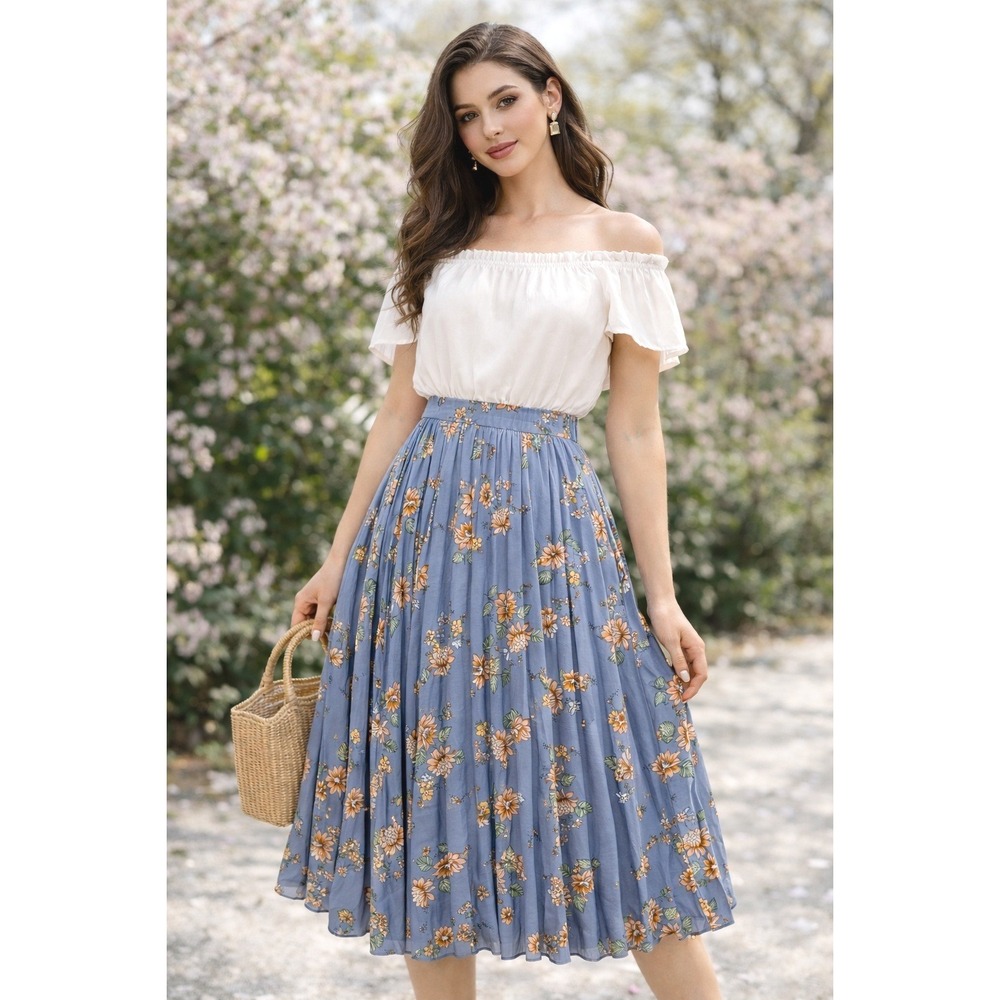 Max Studio Floral Pleated‎ Midi Skirt Blue Boho High Waist Elastic Cottagecore L